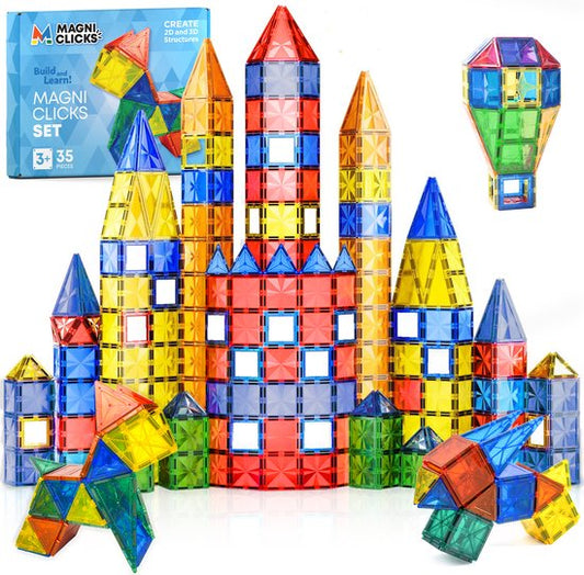 MagniClicks Magnetic Tiles 35 pieces - Jouets magnétiques - Montessori - Tuiles magnétiques - Blocs de construction