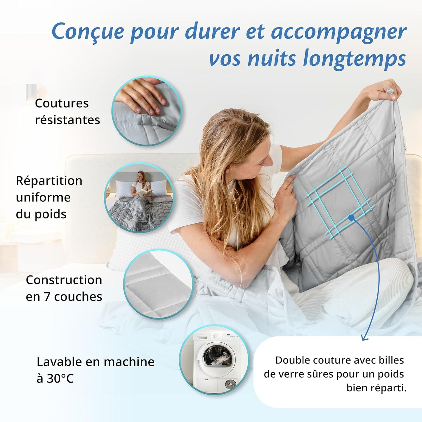 Couverture d'alourdissement Ella - 13kg - 200 x 200cm - Coton OEKO-TEX - Gris clair