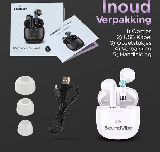 SoundVibe® - Ecouteurs sans fil avec suppression des bruits - Blanc - Ecouteurs Bluetooth - Ecouteurs avec suppression des bruits - Ecouteurs sans fil - Ecouteurs sans fil