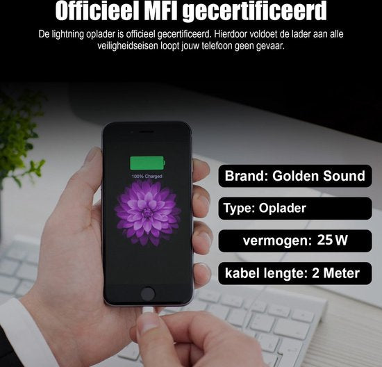 Golden Sound 25W Original Fast Charger - Convient aux chargeurs d'Iphone et d'Ipad - Prise de charge de 2 mètres - Chargeur adapté aux 14/13/12/11/Xr/Xs/Xs Max/8/8 Plus/ Pro