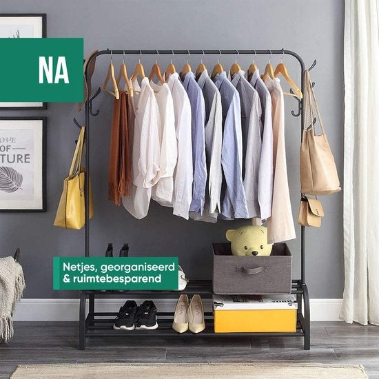 Avalo Rack à vêtements industriel - Métal - 110x33x150 CM - Noir - Rangement pour chaussures - Rack à vêtements avec crochets