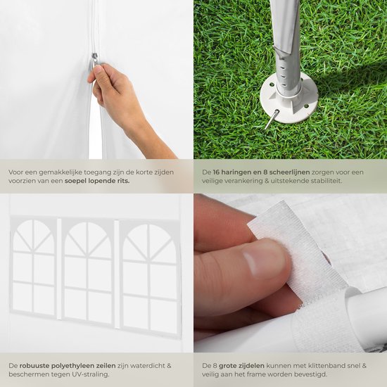 tectake® Pavillon Miramas - Tente de réception 9x3 m - Blanc - 8 panneaux latéraux amovibles - Pavillon de jardin résistant aux UV et à l'eau - Lignes de tension et piquets inclus - Auvent