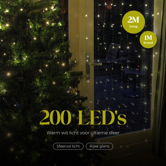 Giftmas Light Curtain - 200 LEDs Warm White - 1x2M - Pour porte ou passage - Intérieur et extérieur - Télécommande - Lumières d'ambiance - Lumières de Noël