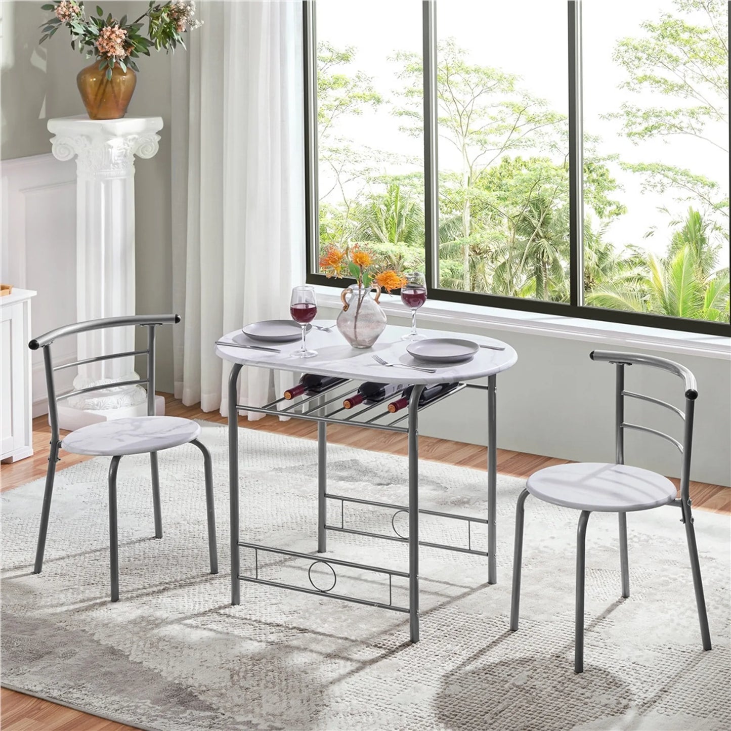 Yaheetech Table de salle à manger 3 pièces - avec rangement sous le plateau et deux chaises avec dossier et design peu encombrant - pour cuisine et balcon - Mdf blanc et métal - 90 x 53 x 75.5 cm