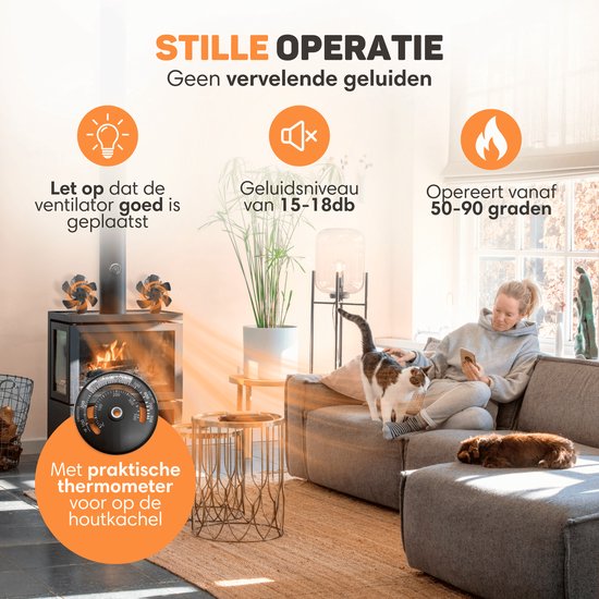 Vulpes Goods® Tech - Ventilateur de poêle à bois - Ventilateur de cheminée - Ecofan - Ventilateur de chaleur - 6 pales - Thermomètre, chiffon et gant inclus - version PRO