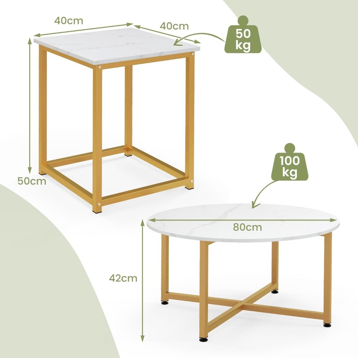 Coast 3-Piece Coffee Table Set - White/Gold - Round 80x42cm - Square 40x40x50cm