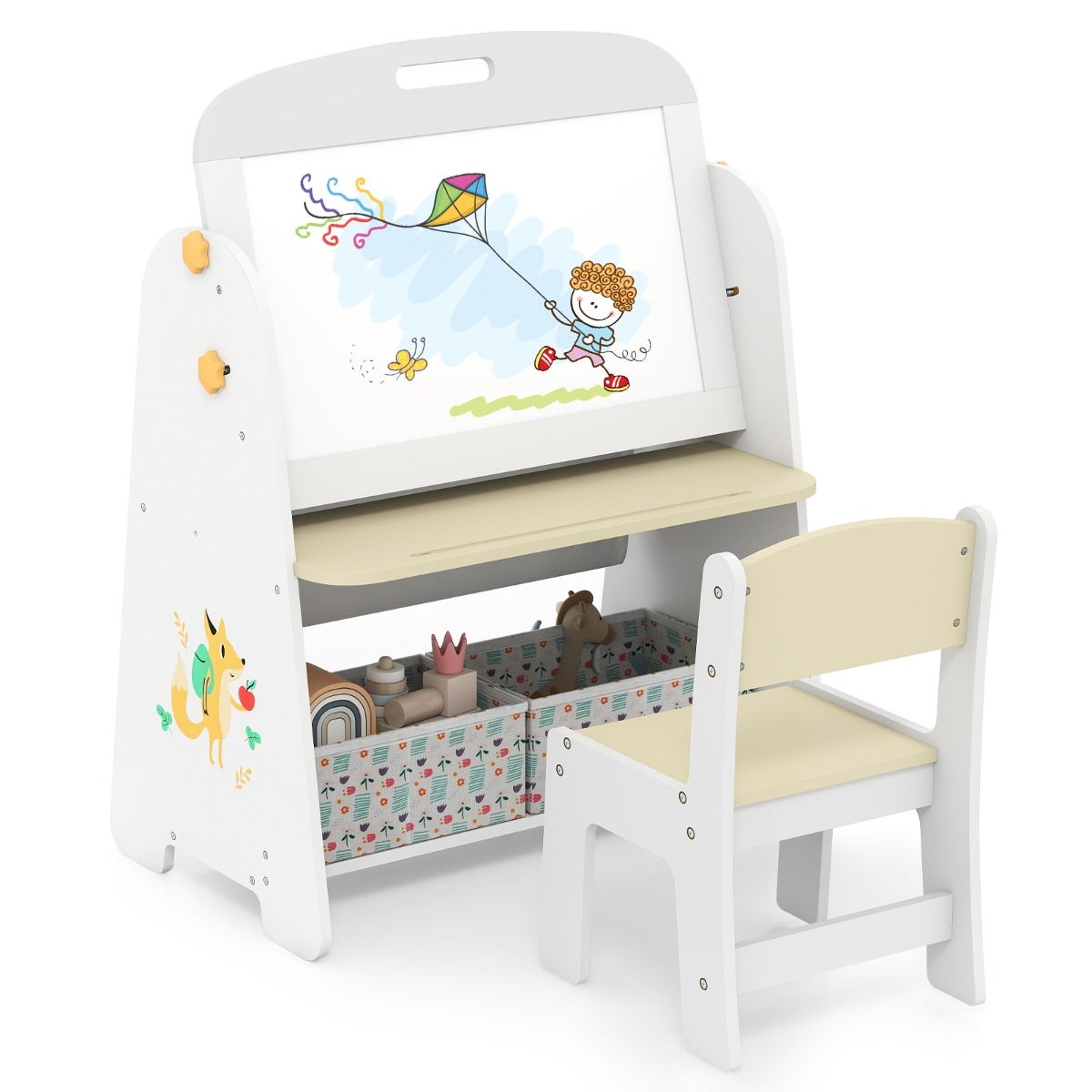 Ensemble de table et chaise pour enfant Coast - Conception 4-en-1 - Étagère à livres et espace de rangement - Couleur naturelle