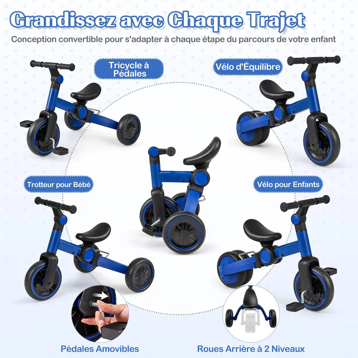 Vélo pour enfant Costway 5-en-1 - Bleu - Vélo d'équilibre avec pédales amovibles - Évolue au rythme de la croissance de votre enfant
