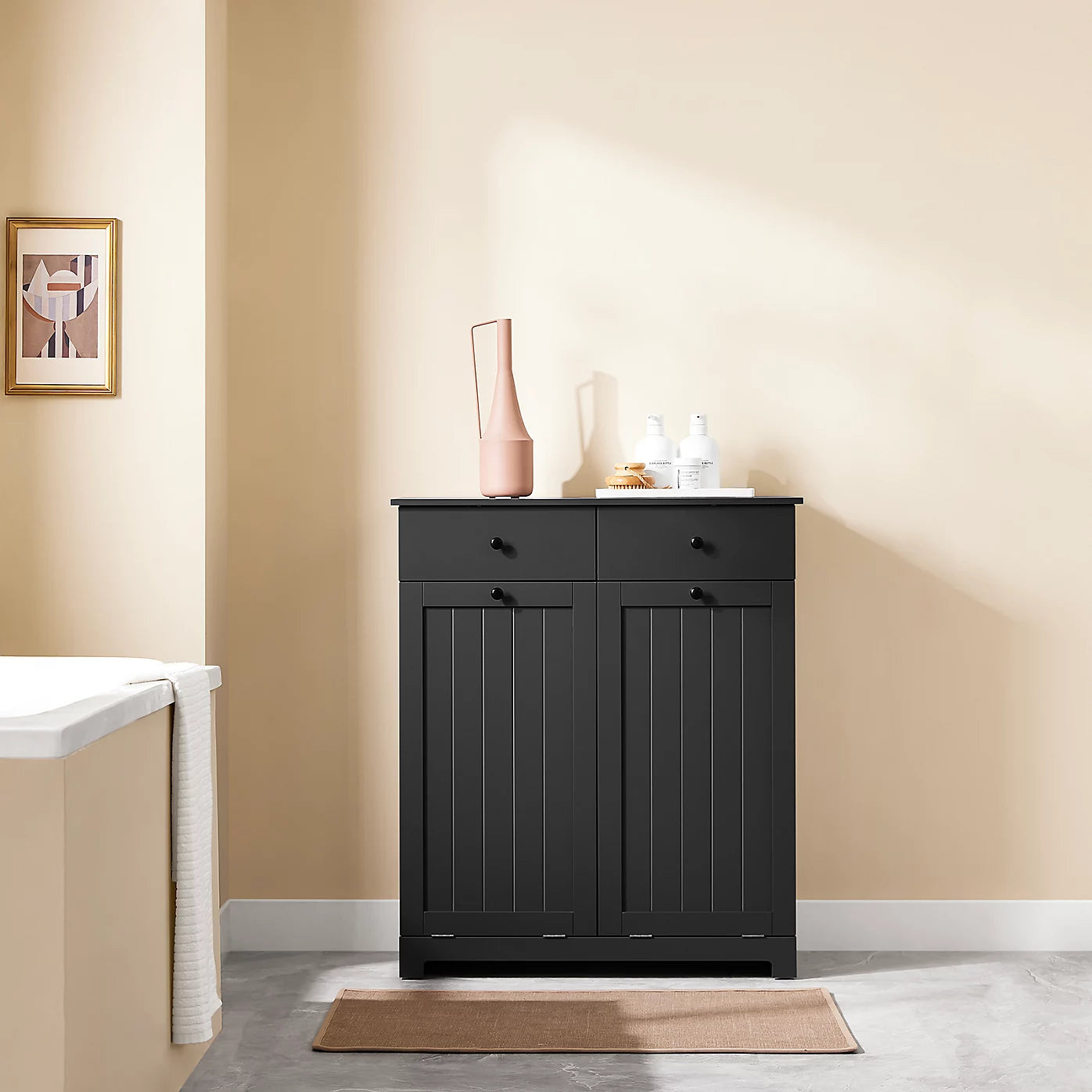 Armoire de salle de bains indépendante SoBuy avec panier à linge – Équipée de deux sacs à linge amovibles, de deux tiroirs et de quatre patins en silicone – Pour la salle de bains et la buanderie – MDF noir et tissu – 78 x 39 x 91 cm
