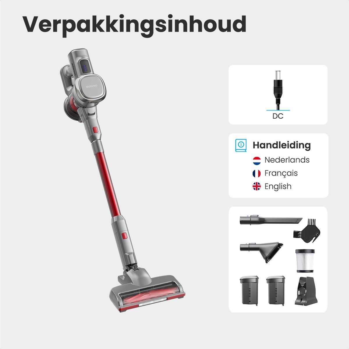 Auronic Stick hoover - Sans fil - Sans sac - Alimenté par batterie - Autonome - 220 W - Batterie supplémentaire - Gris/Rouge