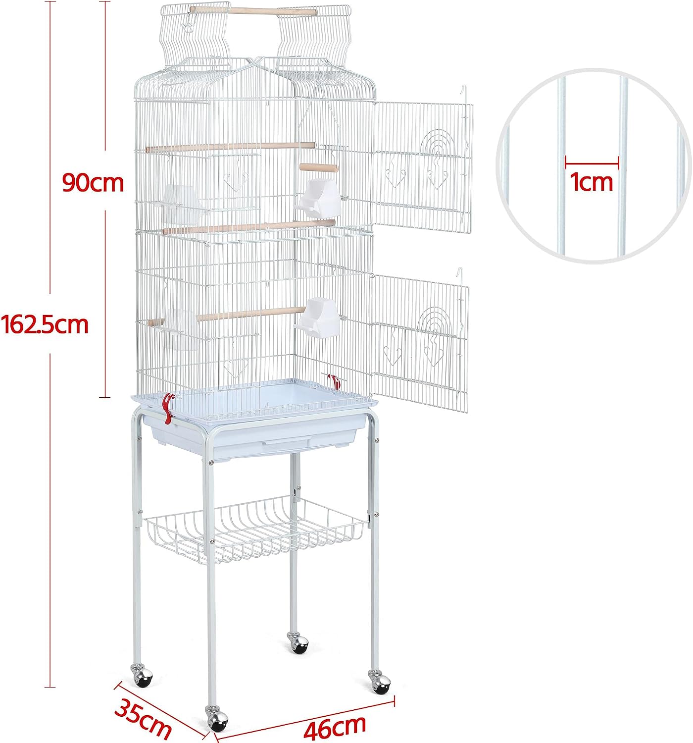 Cage à oiseaux Yaheetech XXL avec support - 46 x 35,5 x 158 cm - Blanche
