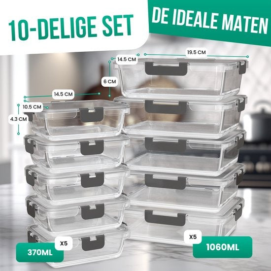 Avalo Plateaux de conservation des aliments en verre - Plateaux de préparation des repas - Plateaux de congélation - Avec couvercle - 10 pièces 1060ml / 370ml