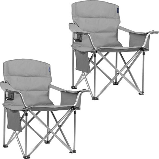 TRVLMORE Chaises de camping - Pliables - 2 pièces - Chaises pliantes - Capacité de charge de 150 kg - Porte-boissons - Compartiment réfrigérant - Poche latérale - Gris
