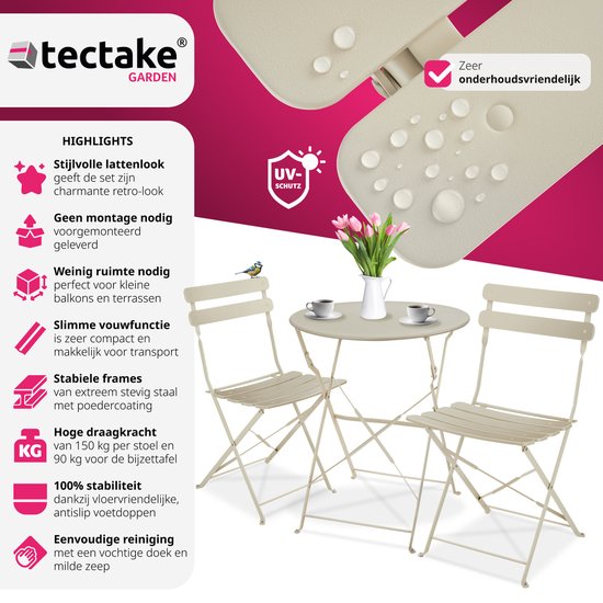 tectake® - Ensemble bistro pliant pour 2 avec structure en acier, table et chaises de jardin - Pour balcon et terrasse - Ensemble extérieur - Ensemble de jardin - Table et chaises pliantes - design élégant - crème