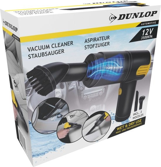 Dunlop Auto Stofzuiger - 12V Aansteker Aansluiting - Nat en Droog - Spleet- en Borstelmondstuk - 3 Meter Kabel - Auto Accessories - Zwart/Geel