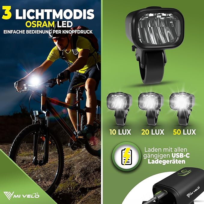 MIVELO Kit d'éclairage pour vélo - rechargeable par USB et étanche - 100 Lux - Smart One