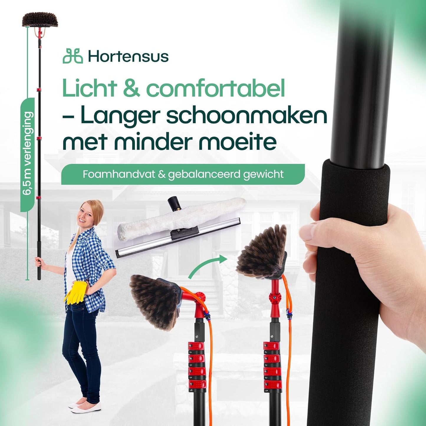 Brosse de lavage télescopique Hortensus - Avec raccord d'eau et distributeur de savon - 6.5M de long