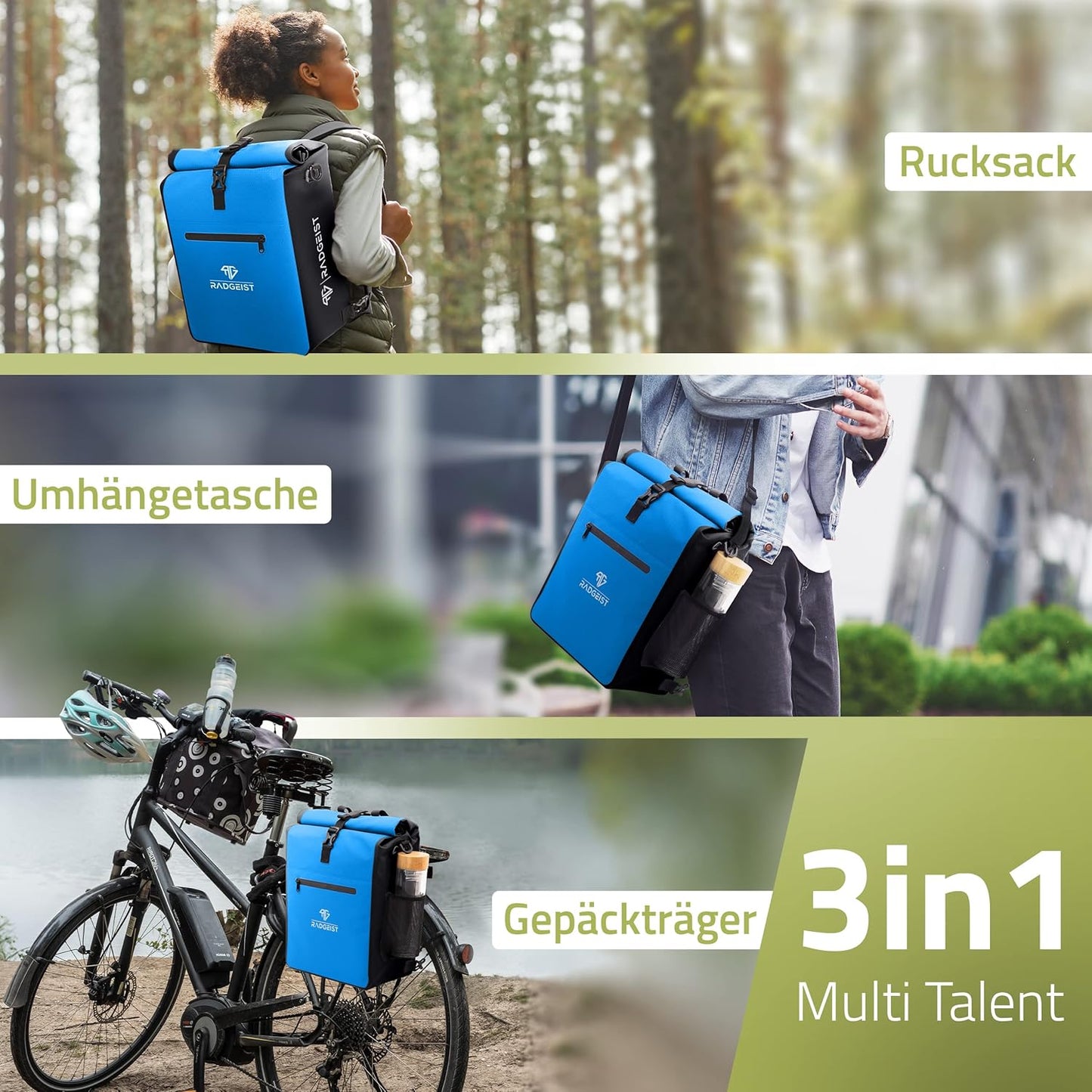 RADGEIST 3in1 bike bag for carrier - sac à dos pour vélo - sac de transport - sac à bandoulière - avec compartiment pour ordinateur portable - étanche - 25L - bleu