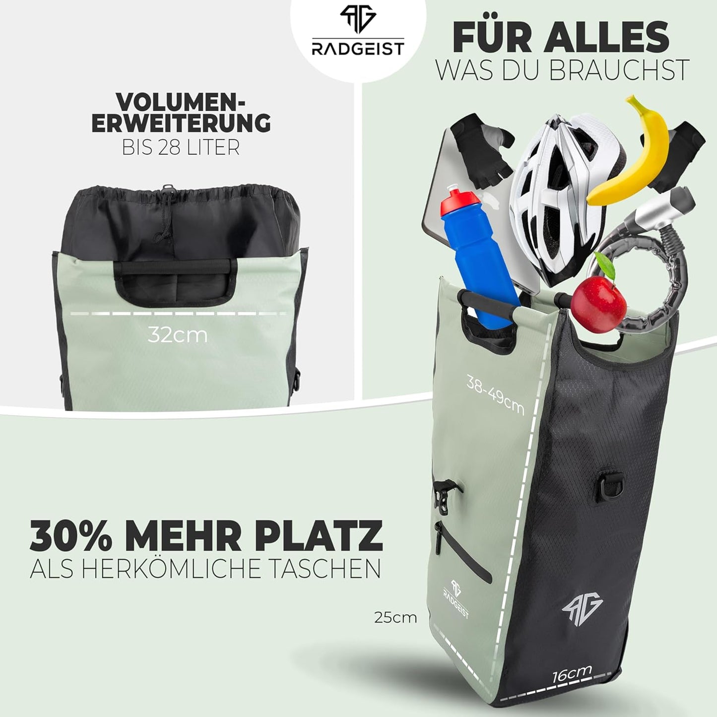 RADGEIST sac à vélo pour porteur I sac à vélo shopper avec sac isotherme amovible I sac à provisions & sac à provisions 22-28 litres - vert