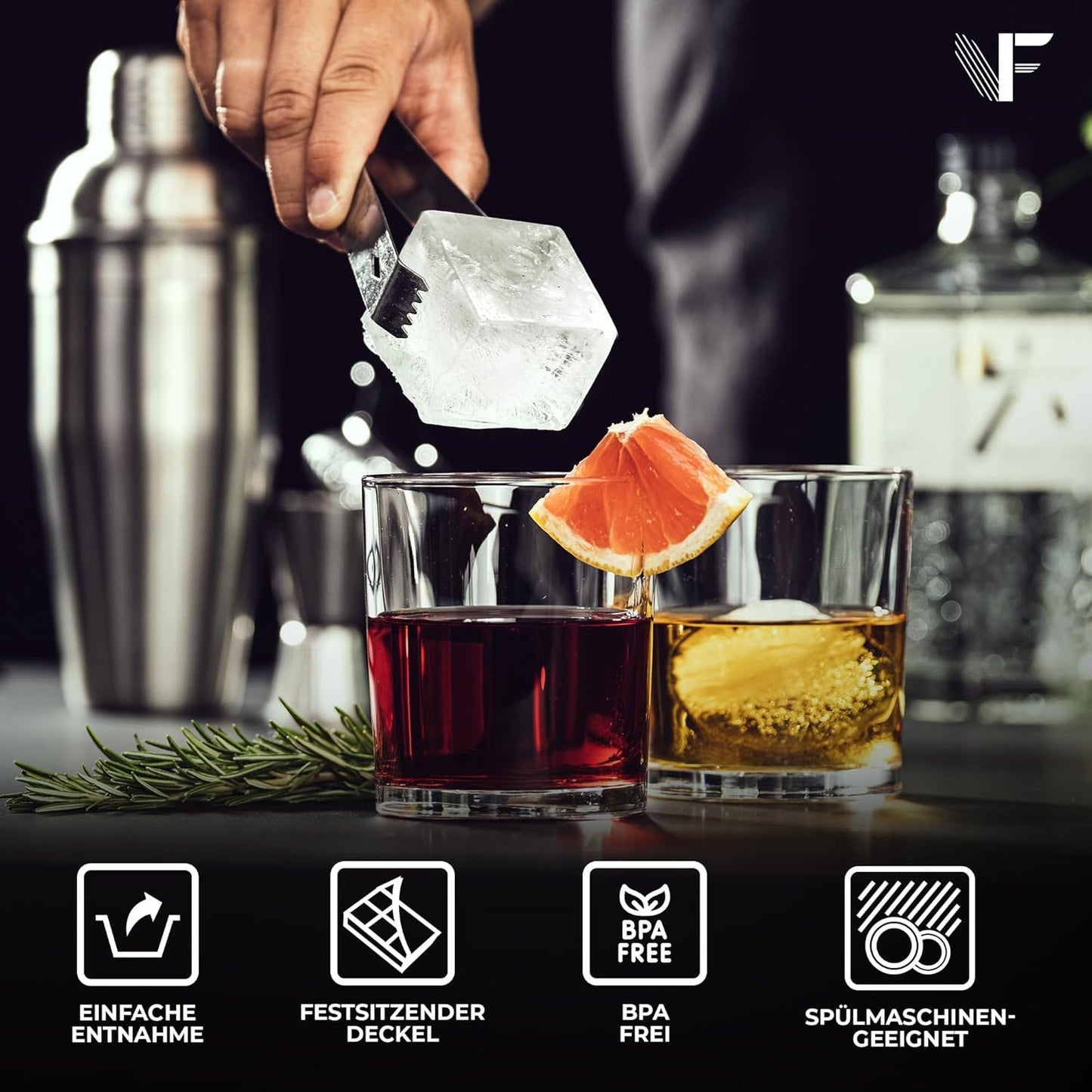 Neighbour's Friend moule à glaçons grand pack de 2 - 12x XXL glaçons pour cocktails, whisky & long drinks - moule à glaçons en silicone platine avec couvercle lavable au lave-vaisselle - moule à glaçons géant XL