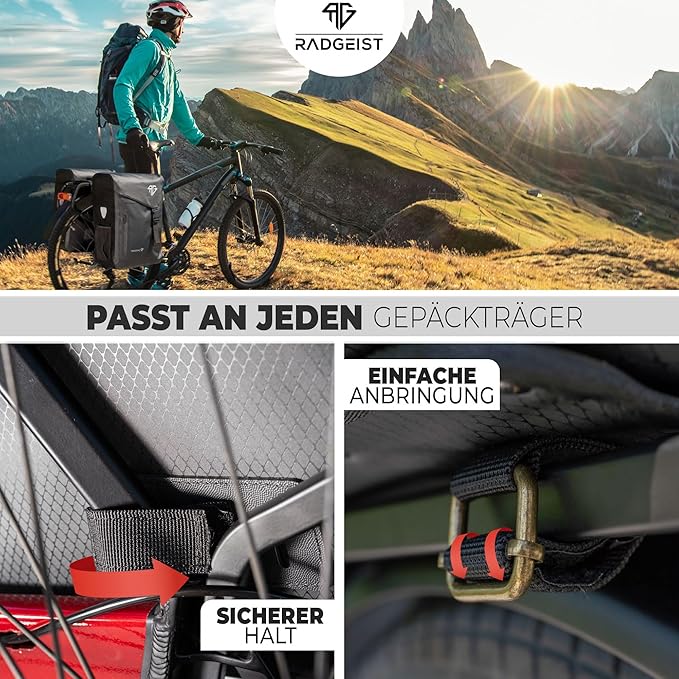 RADGEIST sacoche de transport 100% étanche I Double sacoche vélo 50 litres - Double sacoche de transport avec fixation facile