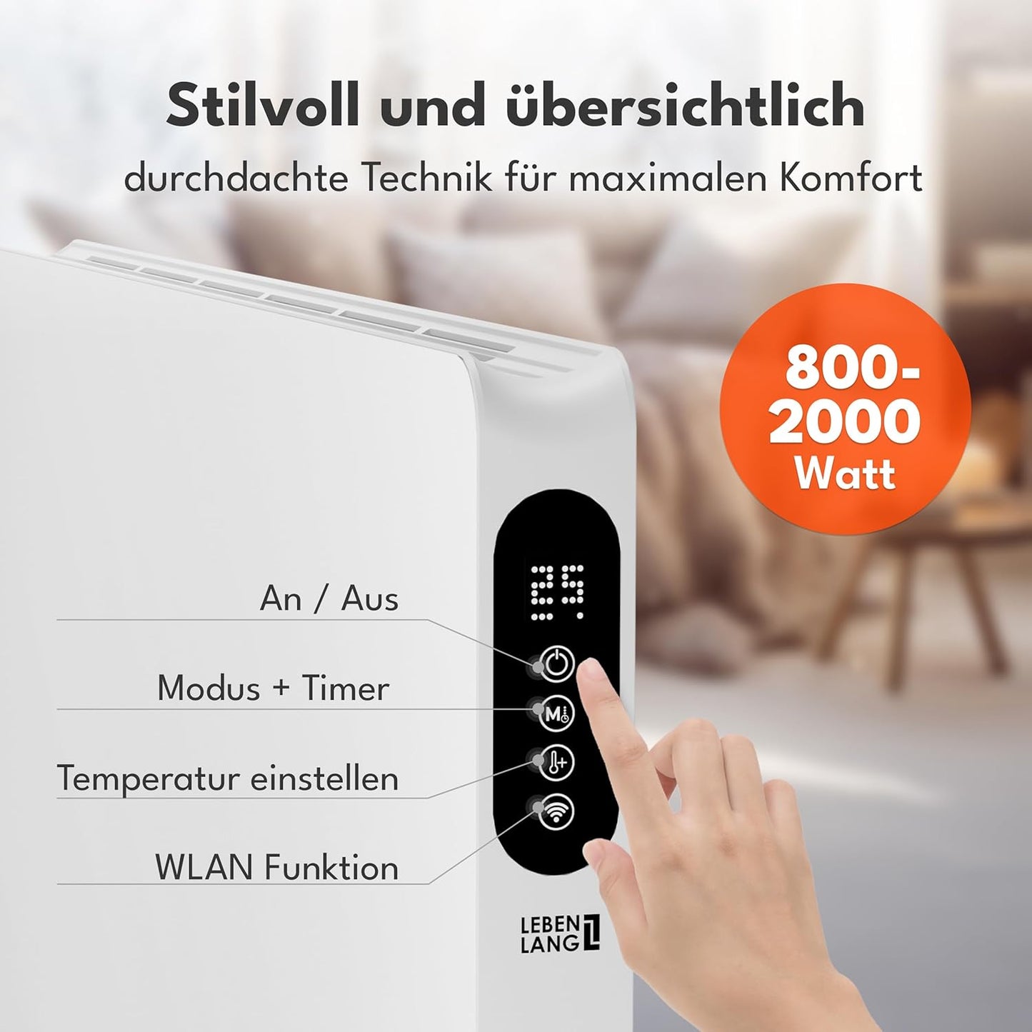 LEBENLANG Chauffage électrique - 2000W - Wifi et App Control - Télécommande - 88 x 5 x 49 cm - Blanc