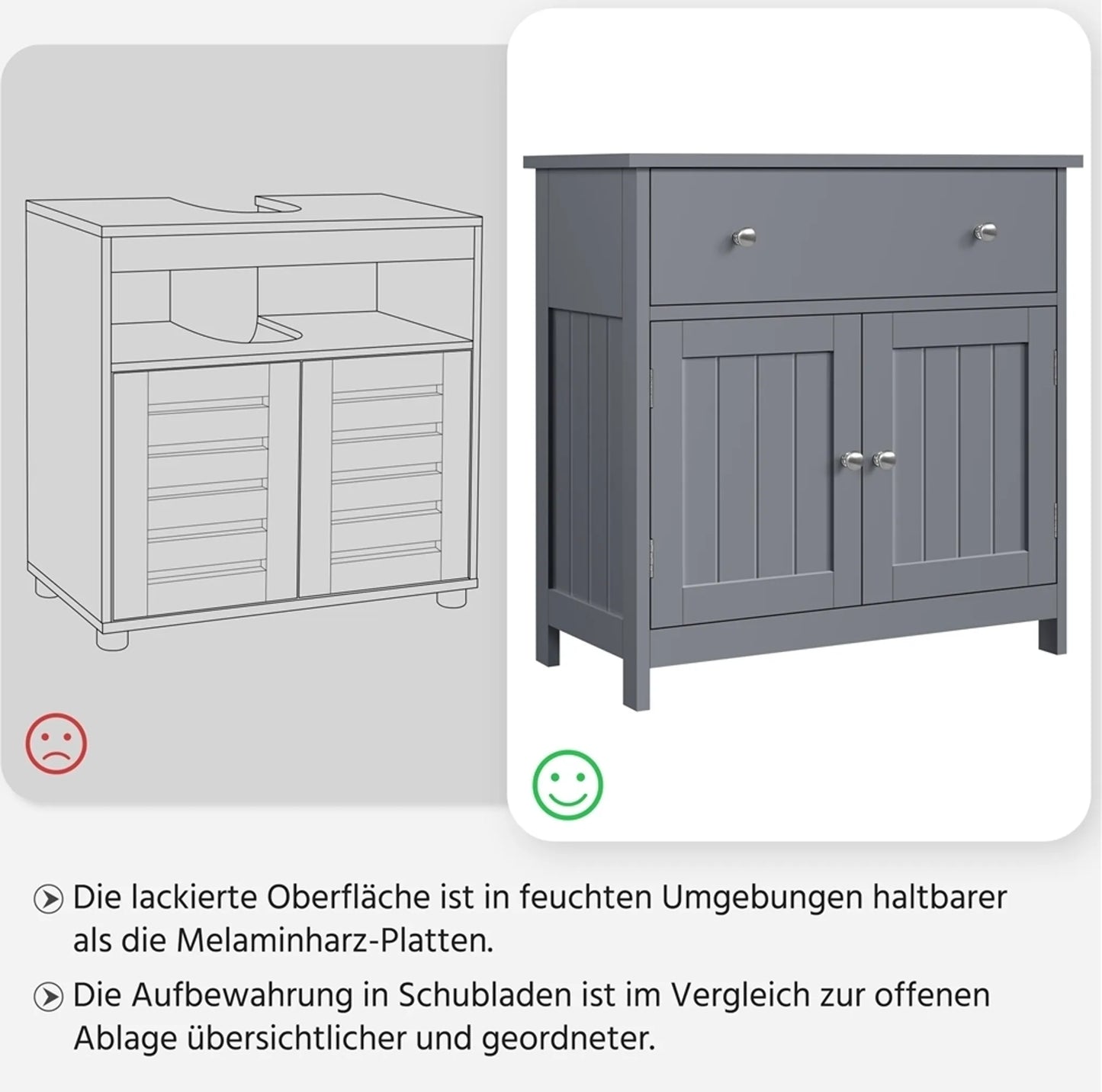 Yaheetech Meuble bas avec tiroir et deux compartiments - équipé d'une découpe pour siphon, d'un revêtement hydrofuge et de ferrures - pour salle de bains de style rustique - Mdf gris foncé et métal - 60 x 30 x 60 cm