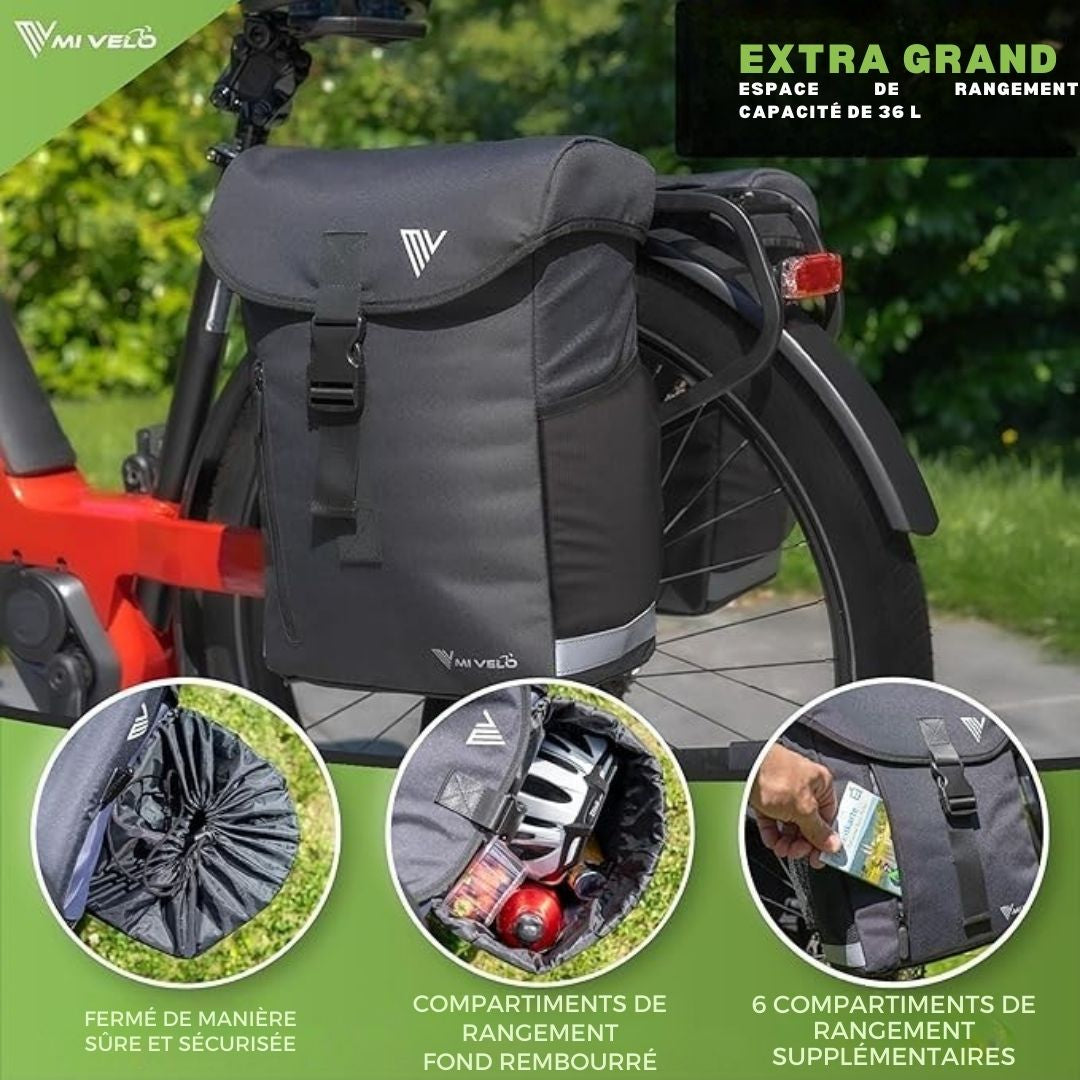Sacoche double pour vélo MIVELO - Capacité 36L - Protection contre la pluie - Compatible MIK & Racktime - Matière recyclée - Noir