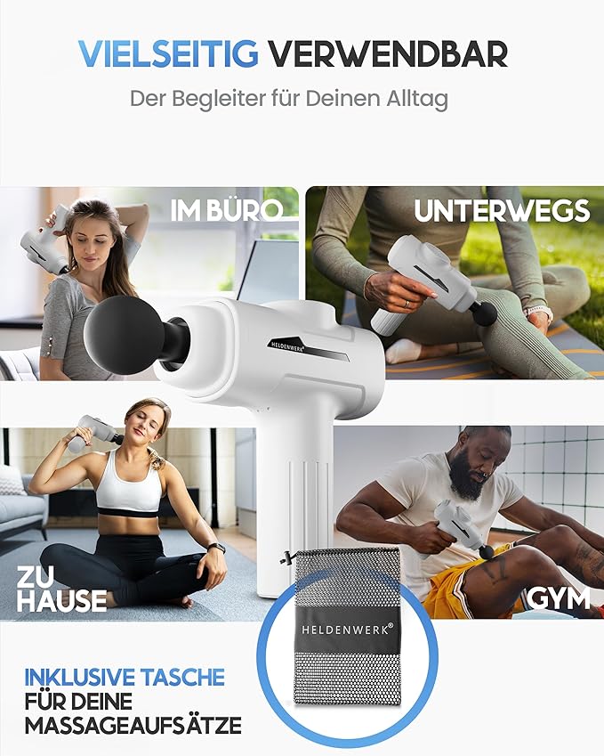 Heroism Massage Gun - 6 accessoires, 3200 rpm, USB-C, masseur musculaire - blanc