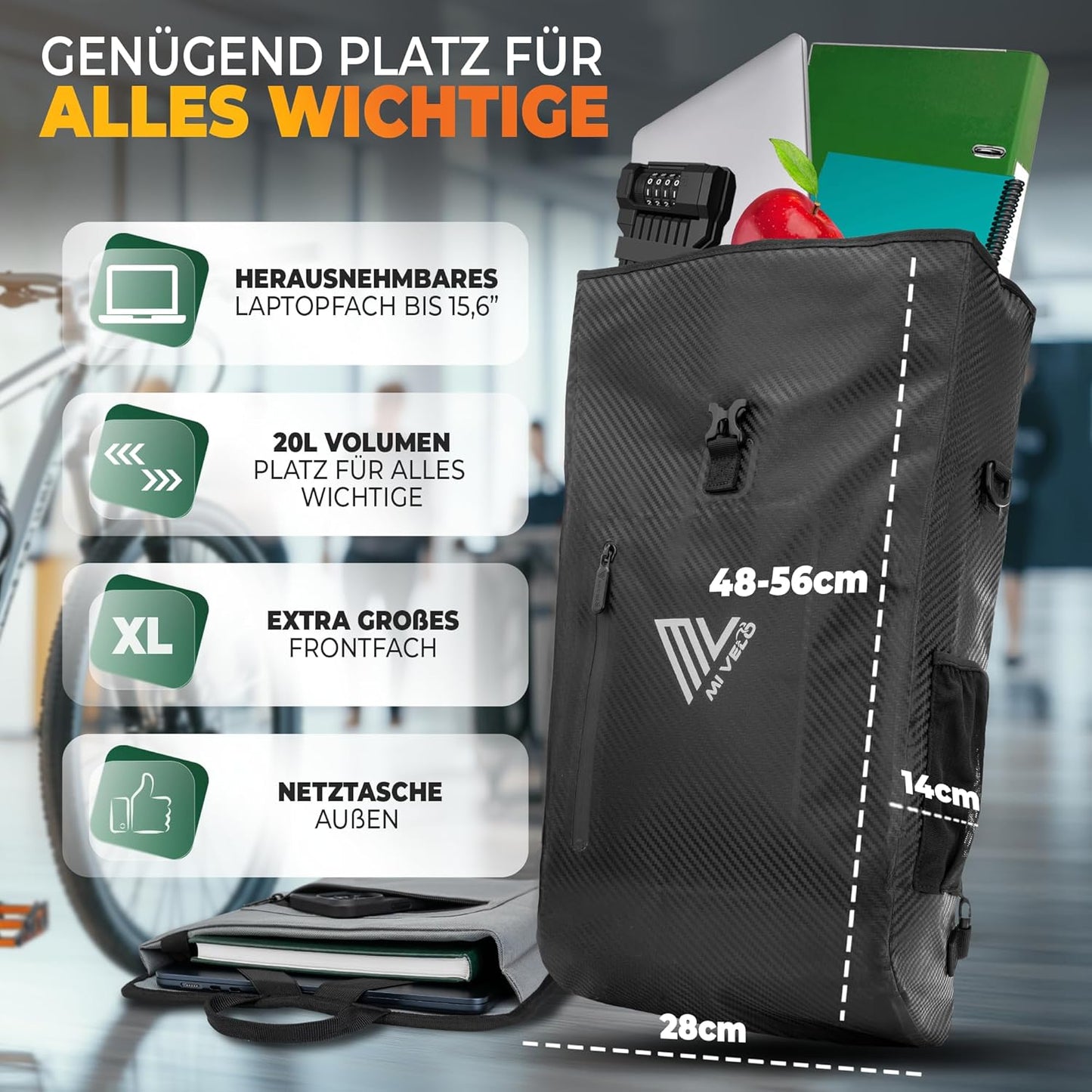 MIVELO PRIMUS - Sacoche étanche 3-en-1 avec compartiment pour ordinateur portable et fermeture - Carbone - 20 L