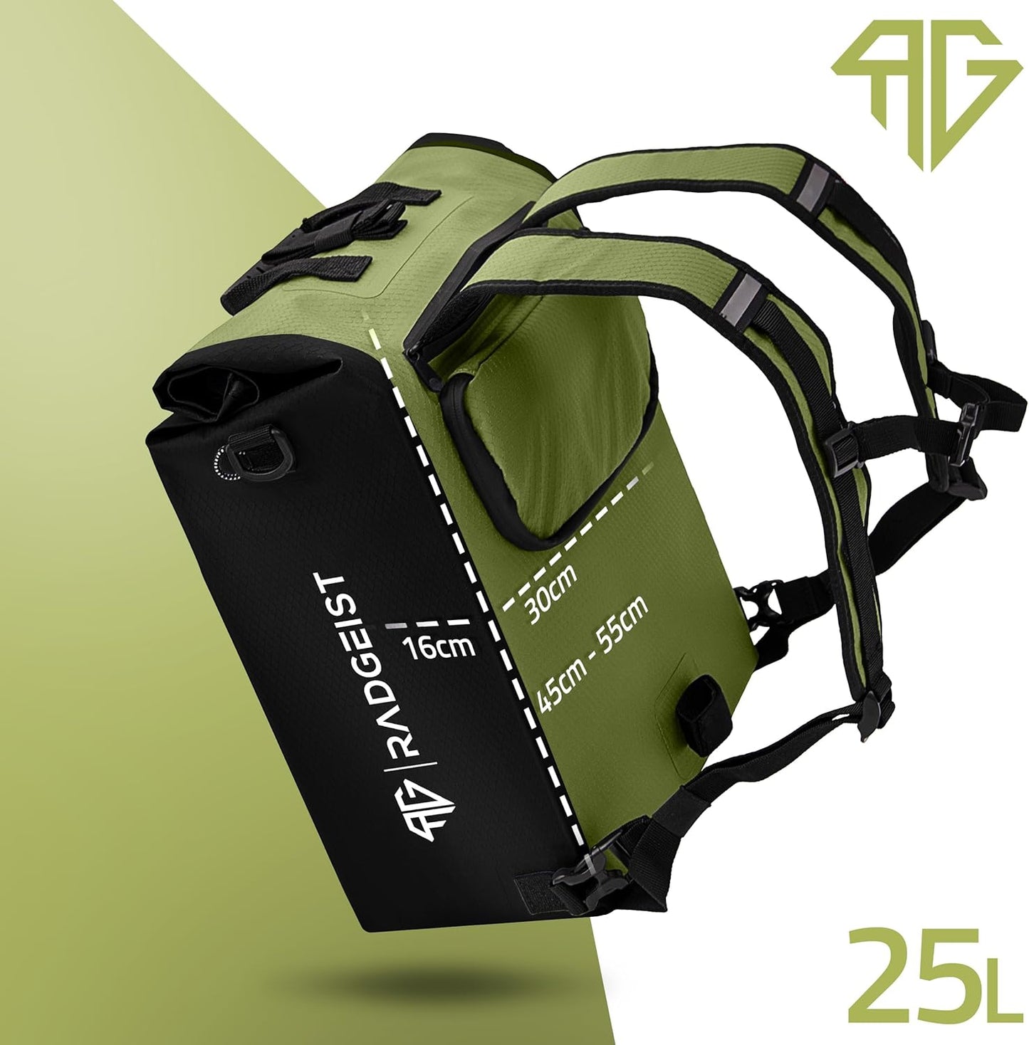 RADGEIST 3in1 sac à vélo pour porteur I sac à vélo et sac à dos 25L I 100% étanche