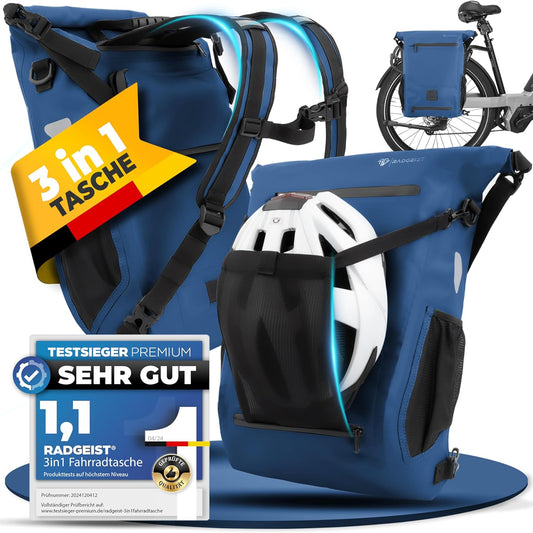 RADGEIST 3in1 sacoche vélo pour porteur I sacoche vélo, sac à dos et sac à bandoulière 18-22L I sacoche vélo 100% étanche Bleu