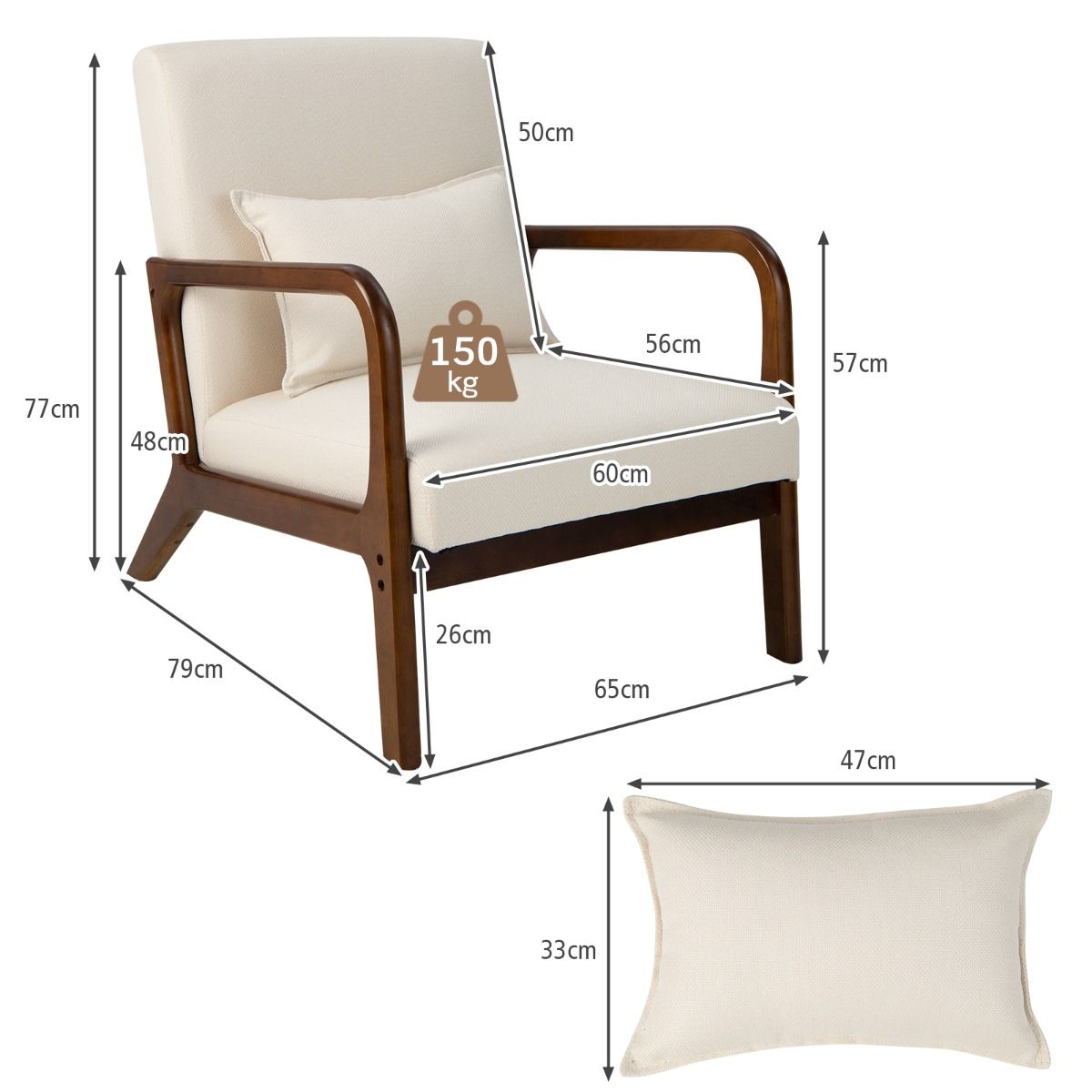 Coast Armchair Chaise longue tapissée avec accoudoirs, bois d'hévéa, beige, 65 x 79 x 77 cm
