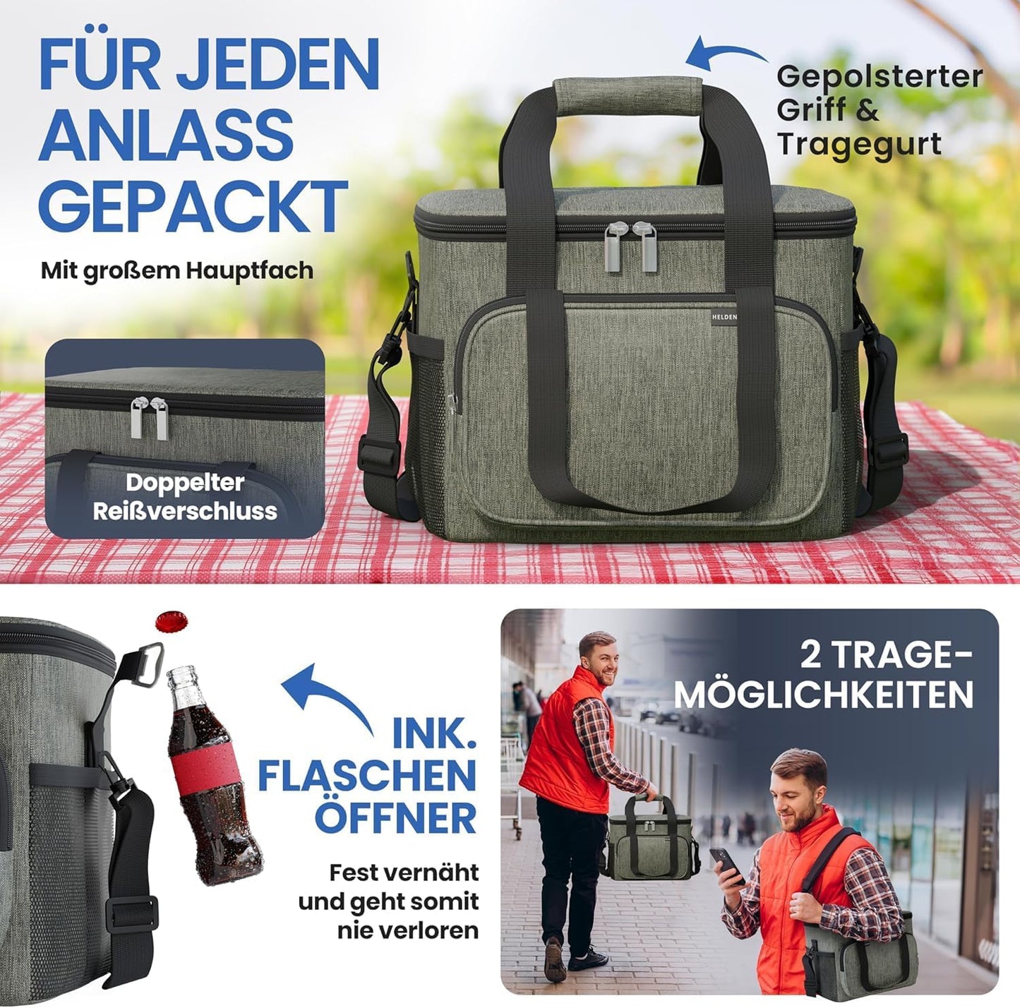 HELDENWERK Cooler Bag Small & Foldable - 10 Liter Thermal Lunch Bag - Waterproof & Leakproof - Insulated Picnic and Cooler Bag - With Bottle Opener - Olive Green