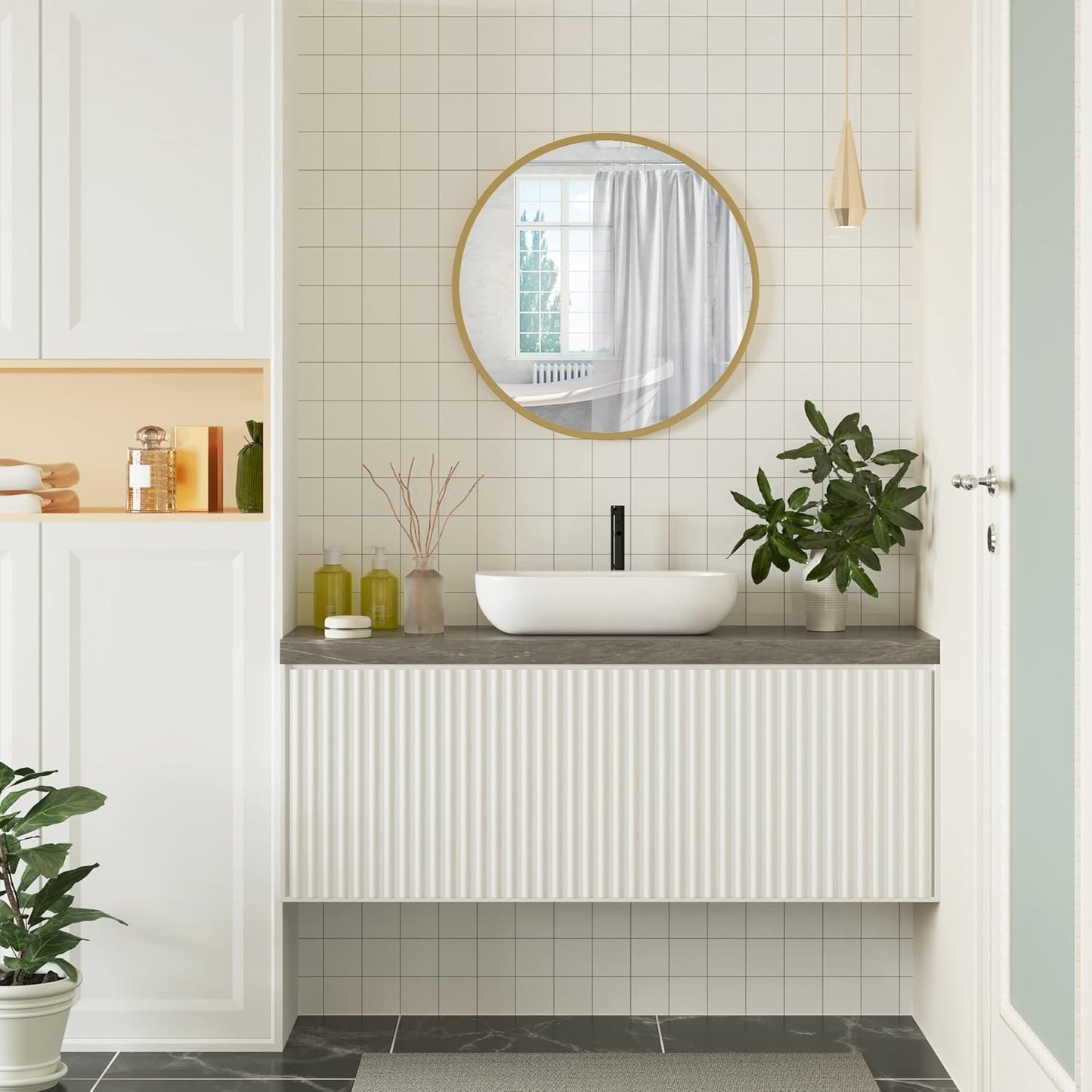 Woltu Miroir mural rond 60x60 cm - Cadre métal doré - Miroir de salle de bain et d'intérieur moderne