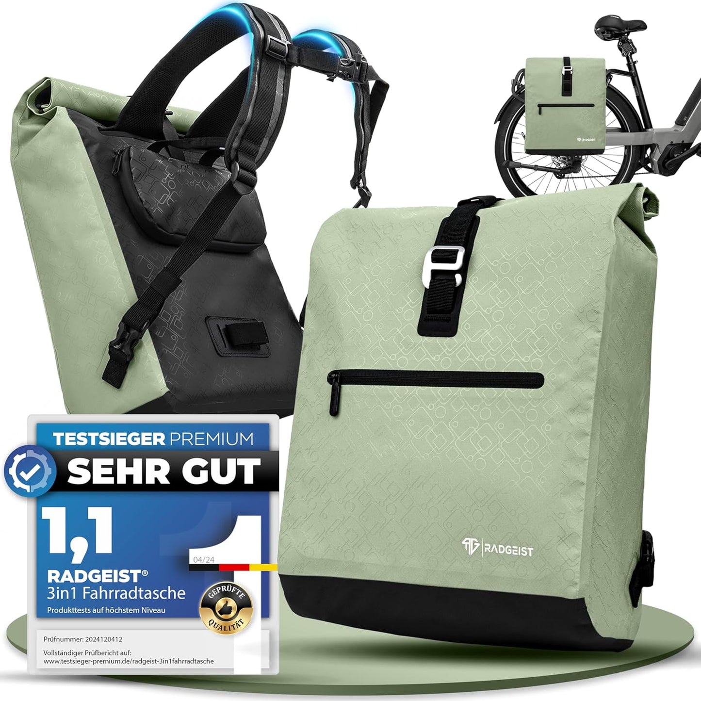RADGEIST sac à vélo pour porteur I sac à vélo & sac à dos I sac à vélo pour femmes & hommes I sac à bandoulière & sac à vélo pour vélo 20L Mint
