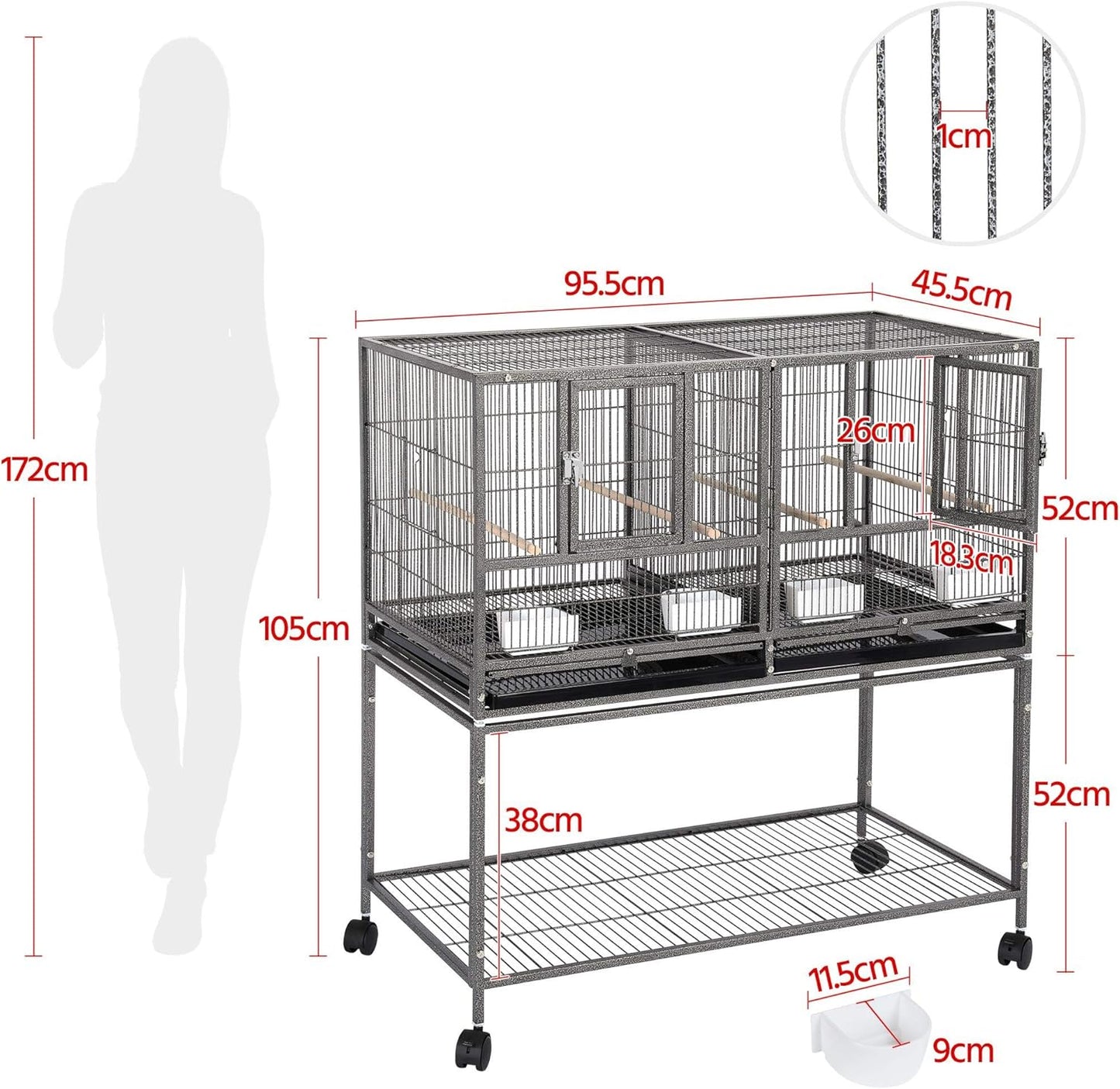 Yaheetech Double Bird Cage - With Wheels - Metal - 95.5 x 45.5 x 105 cm - Black
