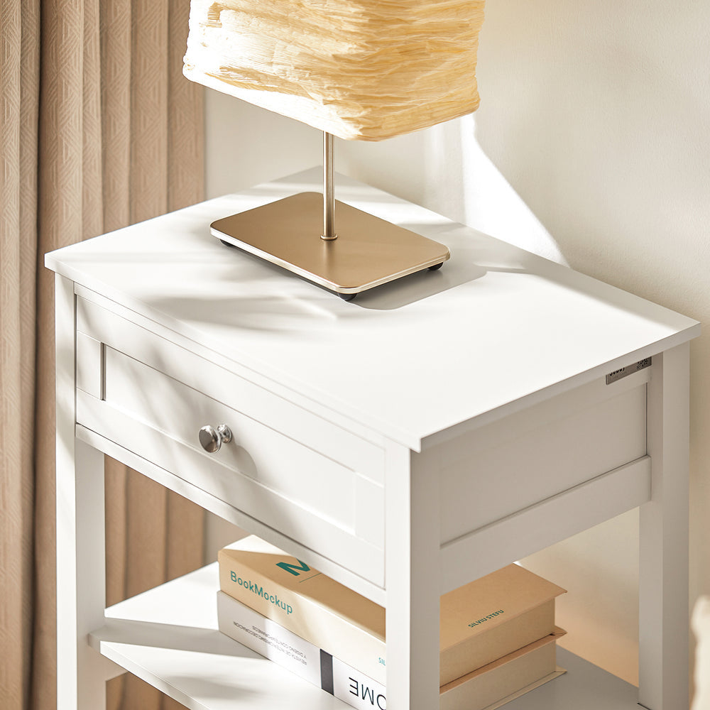 SoBuy FBT46-W Table de chevet - Blanc - 2 étagères - 1 tiroir - 45x68x30 cm