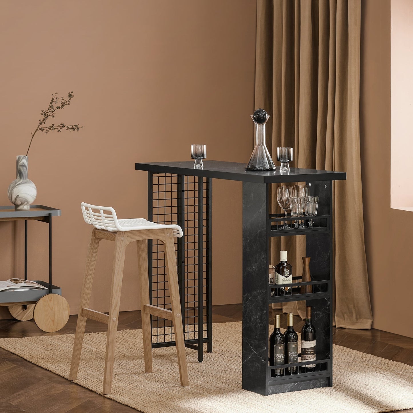 SoBuy Table de bar moderne - avec porte-bouteilles et porte-verres - 120x50x105 cm - noir