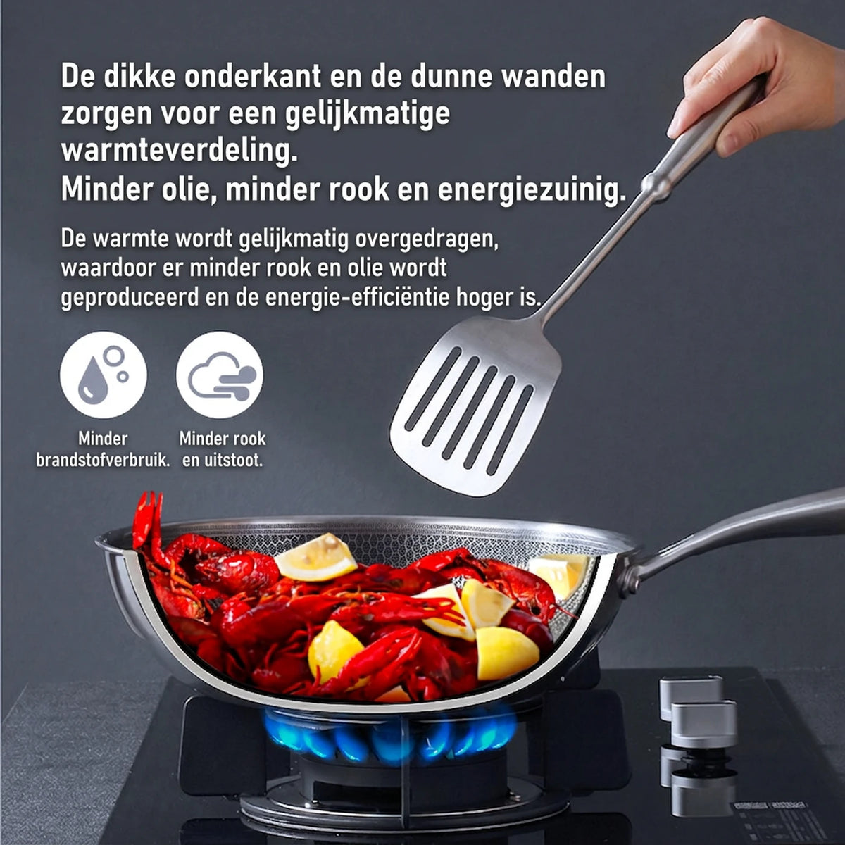 Wok Ochama 30 cm avec couvercle - Acier inoxydable, revêtement antiadhésif en nid d'abeille sans téflon - Compatible avec les plaques à induction, à gaz et électriques