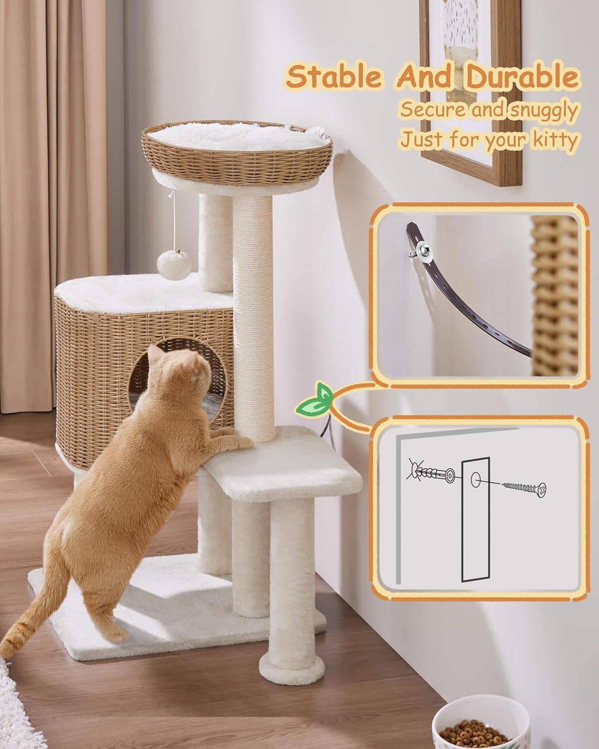 Yaheetech Poste pour chat avec maison en rotin - 49 x 41 x 91 cm - équipé d'un panier de luxe, de griffoirs en sisal et de tapis amovibles - pour chatons et chats adultes - en rotin beige et en peluche
