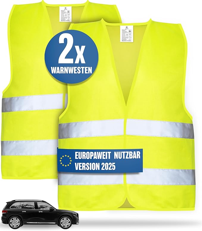 HELDENWERK Gilet de sécurité pour la voiture, lot de 2 adultes - Gilet de sécurité réfléchissant fluorescent 2026 - Gilet de sécurité pour la voiture, gilet de dépannage, certifié UE