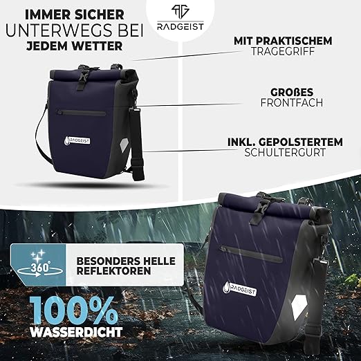 RADGEIST sacoche de vélo pour porte-bagages - sacoche de vélo pour porte-bagages - sacoche de vélo étanche et sac à bandoulière - sacoche de vélo avec réflecteurs - Vert foncé