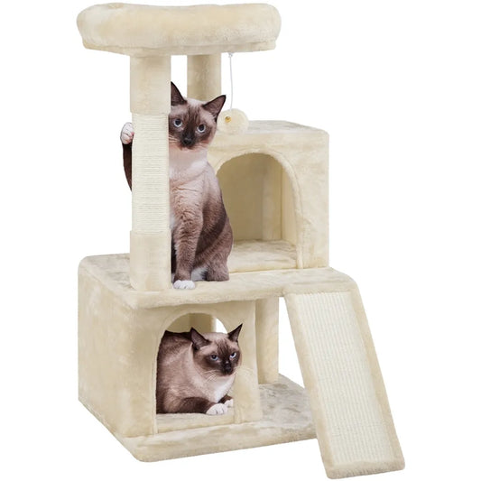 Yaheetech Cat Post Beige - 91 cm de haut - Avec 2 maisons pour chat, griffoirs en sisal et balle de jeu