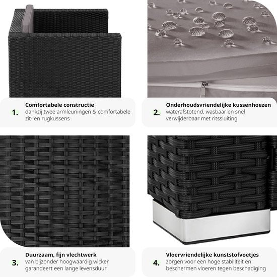 tectake® fauteuil confortable en osier avec accoudoirs, mobilier de jardin pour balcon, jardin, salon, 70 x 69 x 65 cm, déperlant et lavable, coussins d'assise et de dossier inclus - noir - poly-rattan