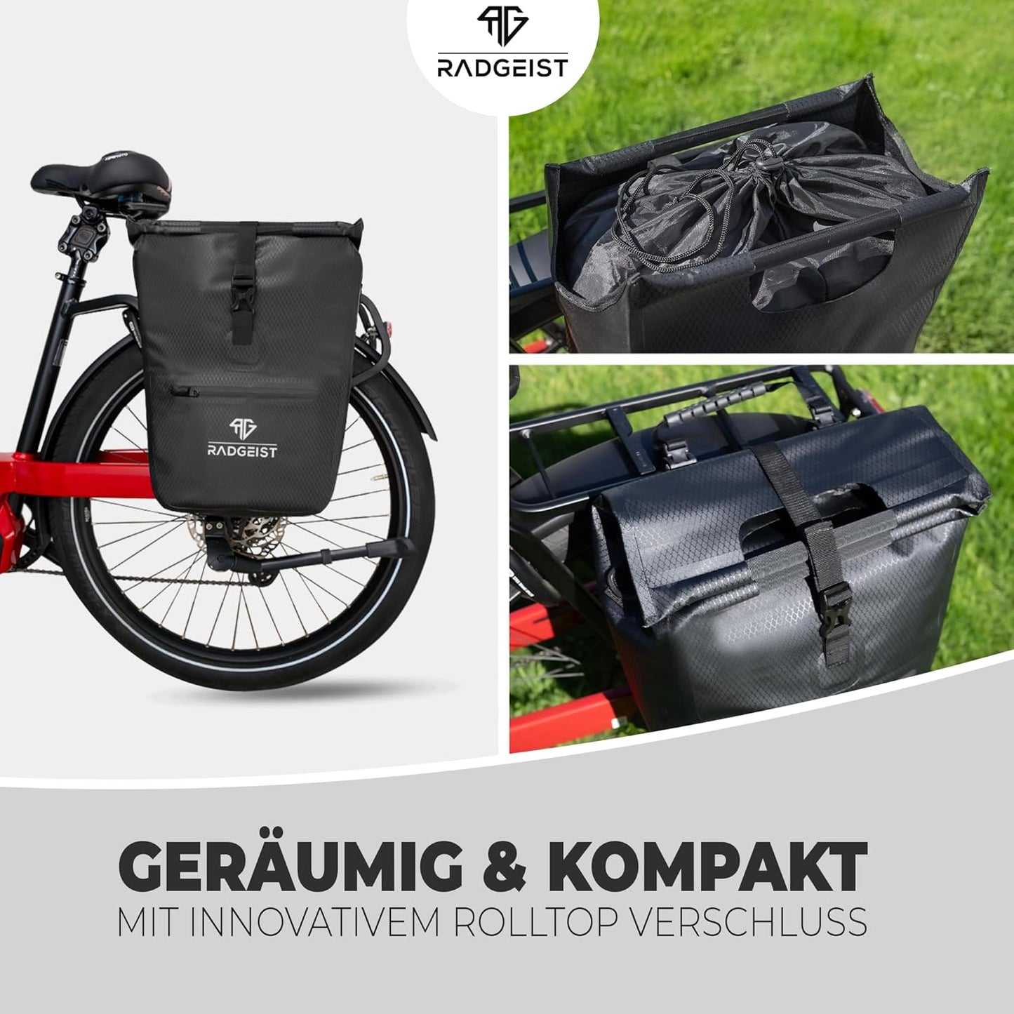 RADGEIST sacoche vélo pour porteur I sacoche vélo shopper avec sac isotherme amovible I sac messager & sac shopping 22-28 litres - noir