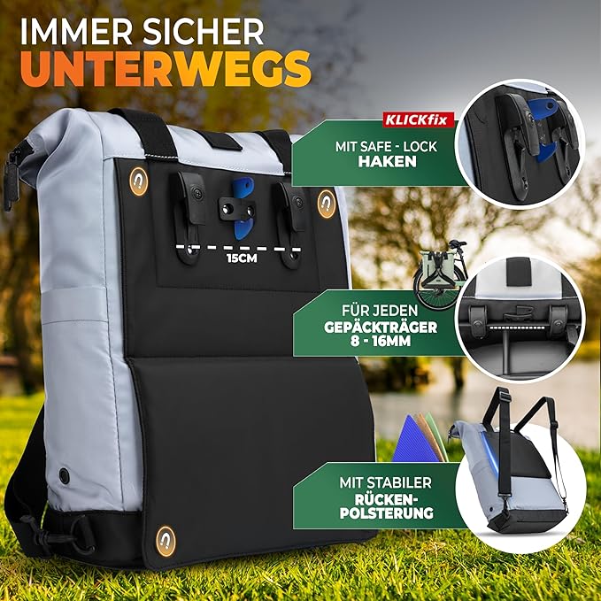 MIVELO - Sacoche pour porte-bagages - Capacité 22 l - Polyester - Réfléchissant & Noir - Avec pochette pour ordinateur portable & bandoulière - Pour E-bike & City Bike