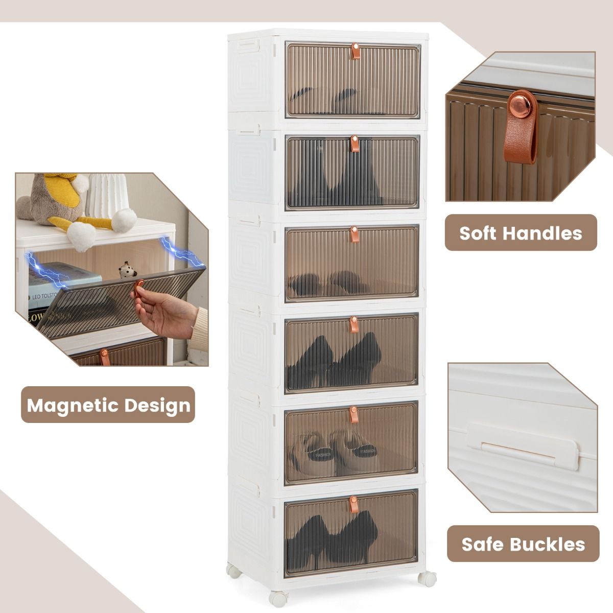 Coast - Rangement pour chaussures - pliable, 6 étages, portes magnétiques et roues - 40 x 37,5 x 123 cm - PP/PU - blanc/marron