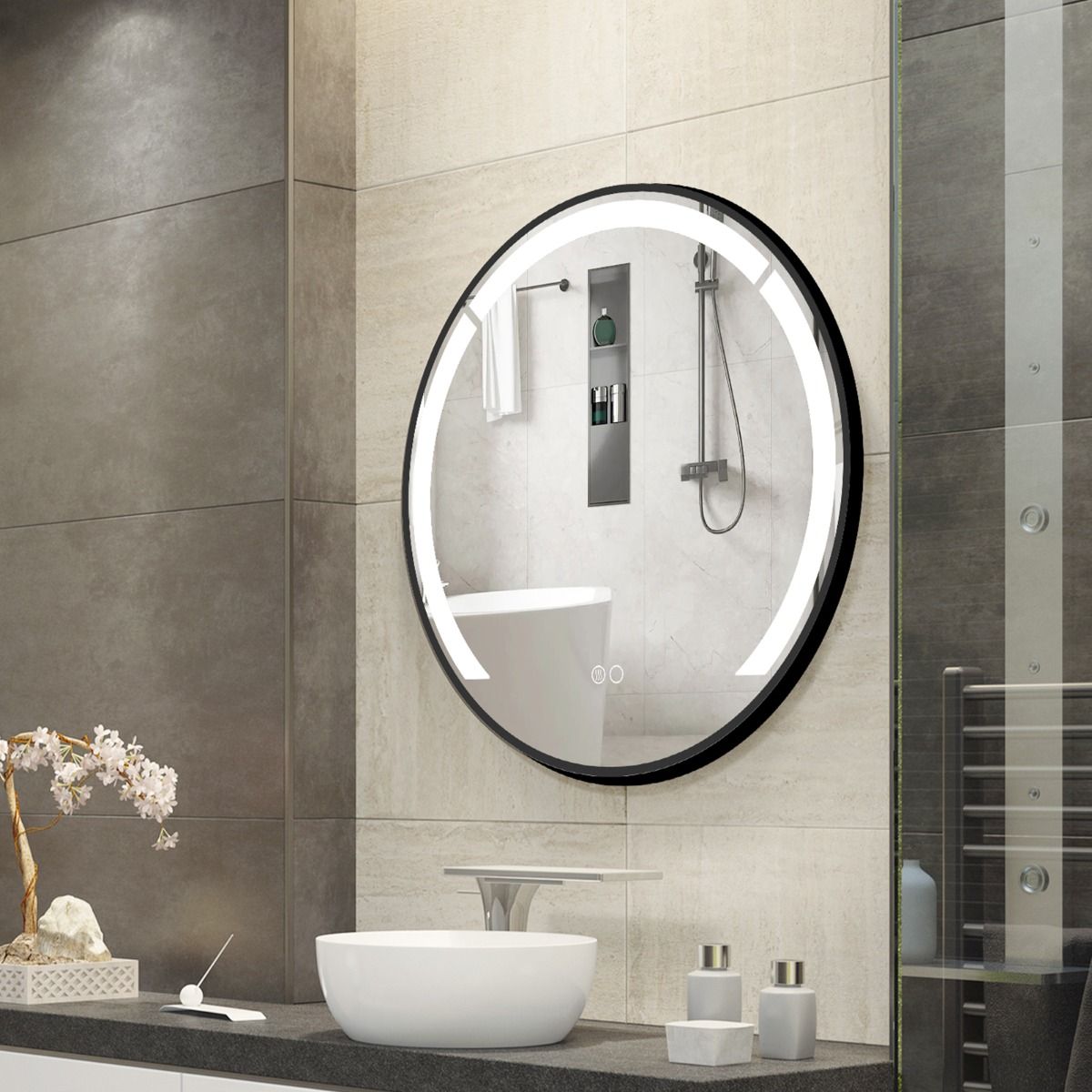 Miroir de salle de bains rond Coast - éclairage LED à intensité variable - fonction anti-buée - noir - 60 cm