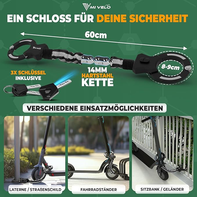 MIVELO E-Step Lock - menottes et chaîne - sac de transport inclus - 30 x 4 x 4 cm - noir